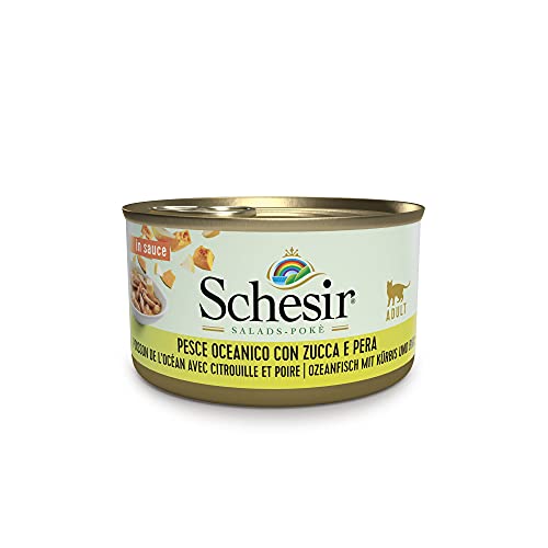 Schesir Salads Pokè, Comida Húmeda para Gatos Adultos, Sabor Pescado Oceánico con Calabaza Y Pera, Filetes En Salsa - Total 2,04 Kg (24 Latas X 85 Gr)