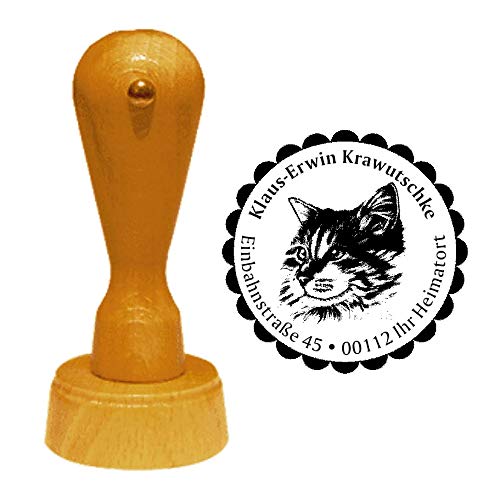 Sello para la dirección"MAINE-COON-KATZE » Diámetro aprox. Diámetro de 40 mm – con dirección personal, diseño y borde ornamental – Gatos del bosque americano