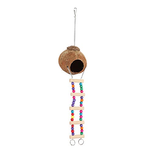 Sheens Cáscara de Coco Natural Nido de pájaro Cama de Loro Columpio Cueva Juguetes con Escalera Casa Feliz Natural para Periquito Cacatúa Pinzón Canario Loros pequeños