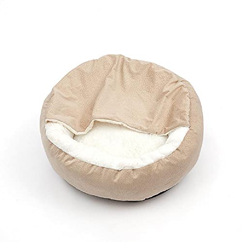 SHENGYAO Cama para Perros pequeños con Manta, Camas Redondas para Gatos Cama para Mascotas con Capucha de Cueva ortopédica de Felpa Suave, Parte Inferior Antideslizante,Beige-50cm