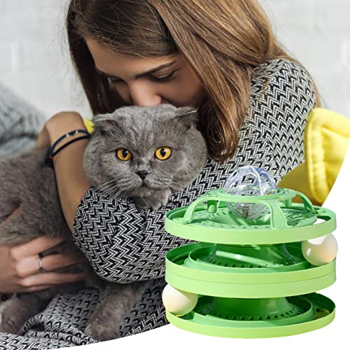 Shenrongtong Tower of Track Juguete Interactivo para Gatos 3 Capas de Juguete con Ruedas para Mascotas Divertido Juguete Interactivo para Gatitos Parte Superior con Bola Luminosa Desmontable