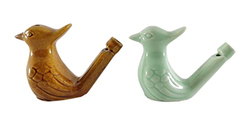 SHREE GANESH ENTERPRISES Juego de 2 silbatos en forma de pájaro de cerámica – Juguete instrumental musical hecho a mano – Juguete de cerámica marrón y verde – Juguete figurativo animal