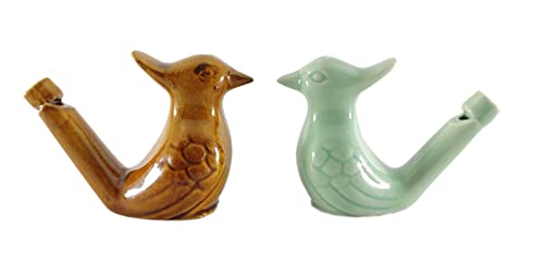 SHREE GANESH ENTERPRISES Juego de 2 silbatos en forma de pájaro de cerámica – Juguete instrumental musical hecho a mano – Juguete de cerámica marrón y verde – Juguete figurativo animal