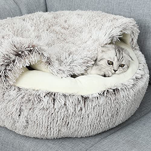 SHUONING Cama para Mascotas Suave Y Esponjosa Corta Felpa Vivienda En Una Cueva Cama con Capucha Donuts para Perros Y Gatos Piel Sintética Cuddler Redonda Cómoda Cama para Dormir Interior,Rosado,50CM