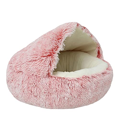 SHUONING Cama para Mascotas Suave Y Esponjosa Corta Felpa Vivienda En Una Cueva Cama con Capucha Donuts para Perros Y Gatos Piel Sintética Cuddler Redonda Cómoda Cama para Dormir Interior,Rosado,50CM