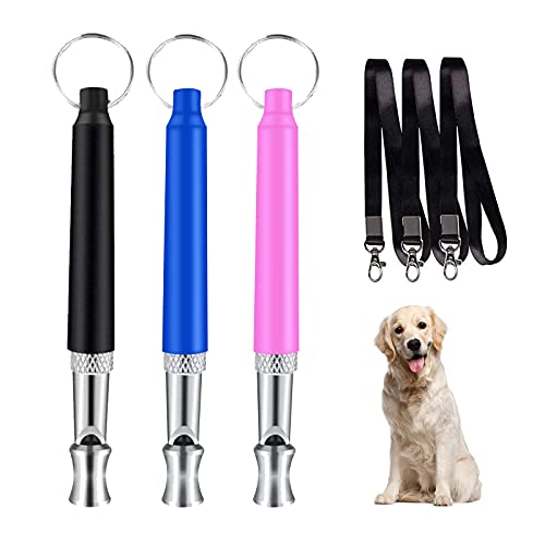 Silbato de Formación Ultrasónico, Silbato para Perros con Cordón, Silbatos Profesional para Perros, 3 Piezas Frecuencias Ajustables Silbato de Entrenamiento de Perros con Acollador(Negro, Rosa, Azul)
