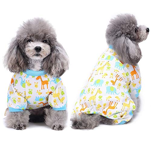 smalllee_lucky_store Pijama de algodón suave con estampado de jirafa para perros pequeños, gatos, cachorros, pijama con piernas, ropa de mascota, azul S