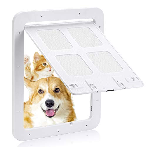 Smilelove Puerta para Perros Gatera Mosquitera, Puerta para Gato, Trampilla para Mascotas con Bloqueo de 4 Direcciones, Mosquitera para Perros Pequeños (Tamaño Exterior: 37 * 43 cm) (Blanco L)