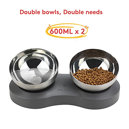 Solayce Comedero Perro y Comedero Gato, Comedero Perro Elevado, 0-20° Ángulo Ajustable Comederos para Perros de Acero Inoxidable, Antideslizante Cuenco Doble para Perros (600ml x 2, Gris)