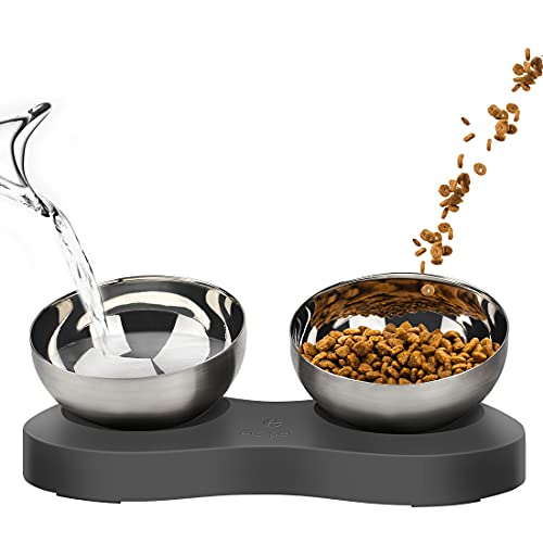 Solayce Comedero Perro y Comedero Gato, Comedero Perro Elevado, 0-20° Ángulo Ajustable Comederos para Perros de Acero Inoxidable, Antideslizante Cuenco Doble para Perros (600ml x 2, Gris)