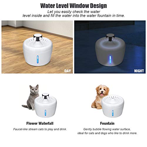 Songway Fuente de agua para gato, dispensador automático de agua de 2,5 l, fuente de agua para mascotas con ventana de nivel de agua, luz LED, visión nocturna, filtro purificador de agua