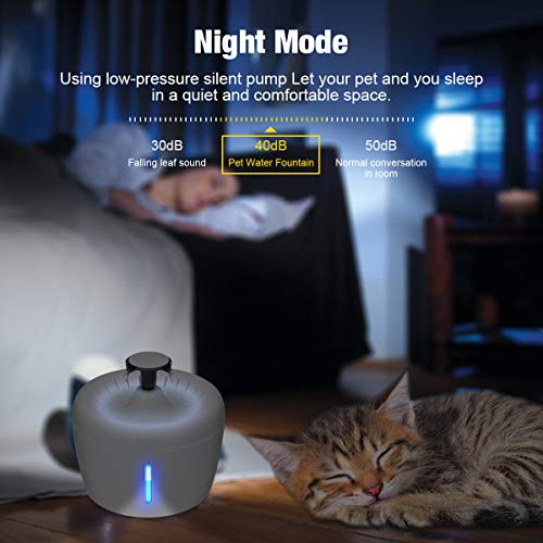Songway Fuente de agua para gato, dispensador automático de agua de 2,5 l, fuente de agua para mascotas con ventana de nivel de agua, luz LED, visión nocturna, filtro purificador de agua