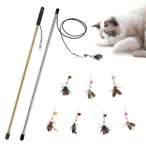 SONGWAY Juguetes de Plumas para Gatos - 10 Piezas de Juguetes de Plumas Interactivos, 2 Varitas Retráctiles con 8 Recargas de Plumas de Insectos con Campanas