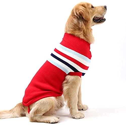 Suéteres de cuello alto para perros Prendas de punto Suéter cálido para mascotas para Otoño Invierno Para Teddy Husky Labrador Golden Retriever Suéter de perro grande de estilo británico,rojo raya