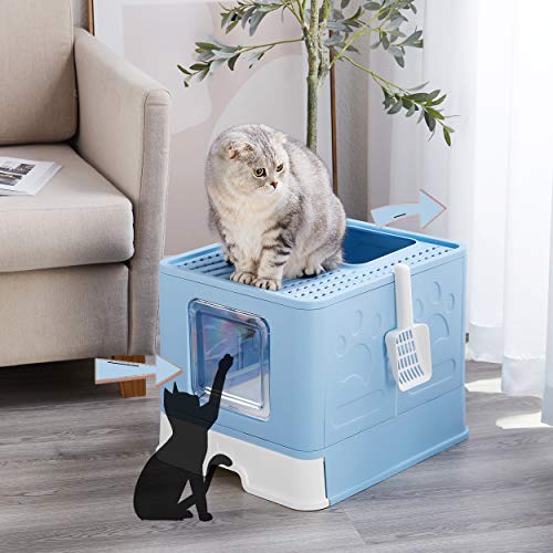 Suhaco Caja de Arena para Gatos con Tapa Bandeja de Arena para Gatos Plegable Grande con Inodoro para Mascotas de Entrada Superior Que Incluye Pala (Nuevo Azul)