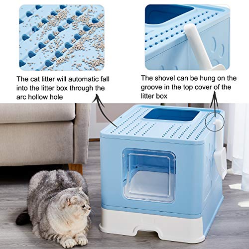 Suhaco Caja de Arena para Gatos con Tapa Bandeja de Arena para Gatos Plegable Grande con Inodoro para Mascotas de Entrada Superior Que Incluye Pala (Nuevo Azul)