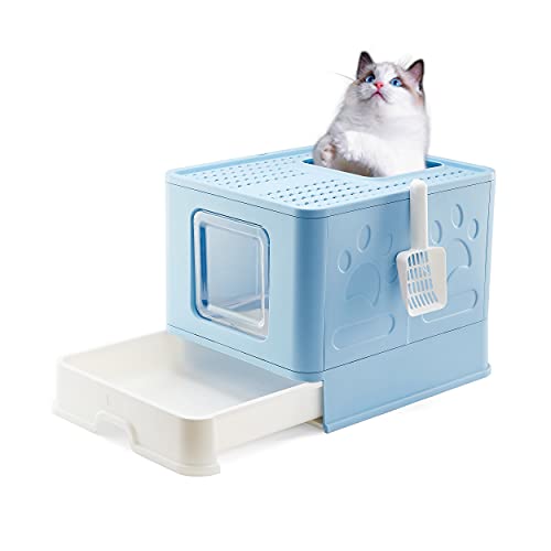 Suhaco Caja de Arena para Gatos con Tapa Bandeja de Arena para Gatos Plegable Grande con Inodoro para Mascotas de Entrada Superior Que Incluye Pala (Nuevo Azul)