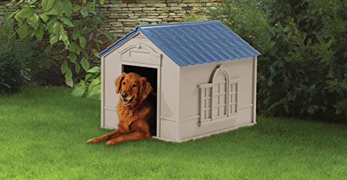 Suncast DH350 - Caseta para su Mascota de Resina Alta Densidad, Puertas con cortinillas Desmontables, 100 x 80 x 23 cm, Color Gris