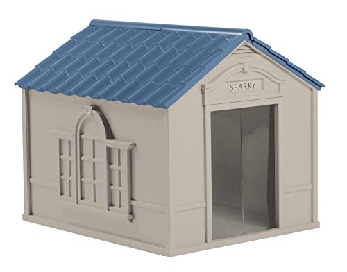 Suncast DH350 - Caseta para su Mascota de Resina Alta Densidad, Puertas con cortinillas Desmontables, 100 x 80 x 23 cm, Color Gris