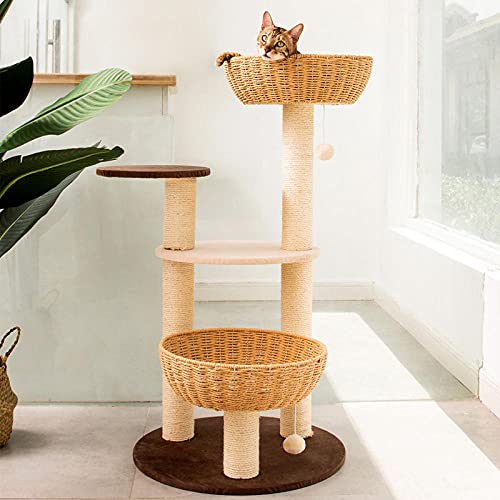 SUNXC Casas de Gato, Marco de Escalada para Gatos de múltiples Capas, Plataforma de Salto de Gato de Lujo, Tejido de Villa de ratán Hecho a Mano-Mi Ka,Torre de Gatos