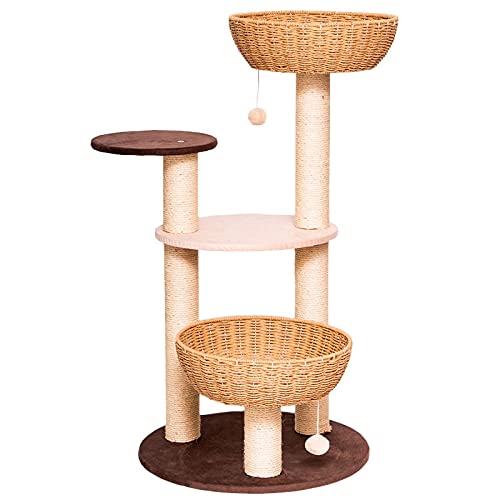SUNXC Casas de Gato, Marco de Escalada para Gatos de múltiples Capas, Plataforma de Salto de Gato de Lujo, Tejido de Villa de ratán Hecho a Mano-Mi Ka,Torre de Gatos