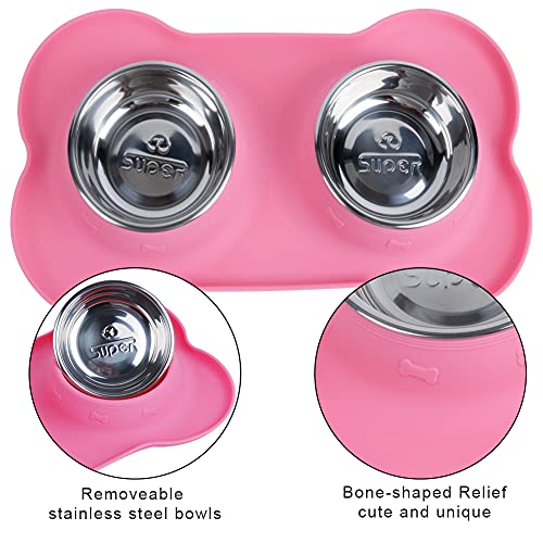 Super Design Comedero Doble Perro con cuenos INOX Comedero Gato Doble con Base de Silicona en Forma de Hueso