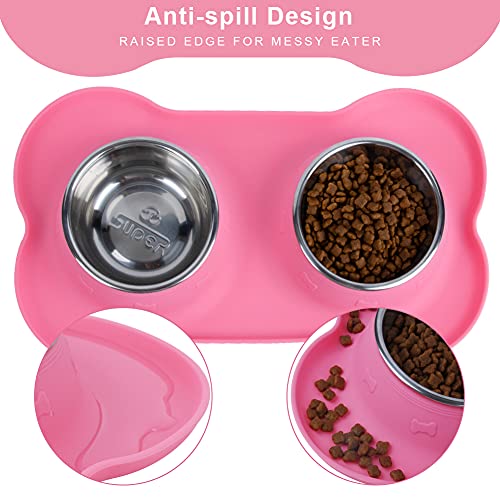 Super Design Comedero Doble Perro con cuenos INOX Comedero Gato Doble con Base de Silicona en Forma de Hueso
