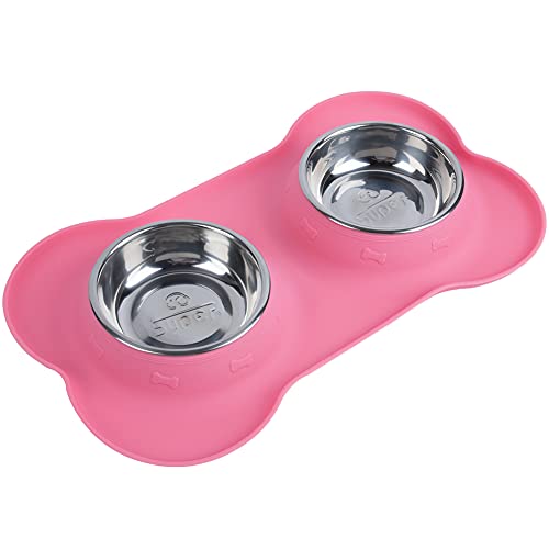 Super Design Comedero Doble Perro con cuenos INOX Comedero Gato Doble con Base de Silicona en Forma de Hueso
