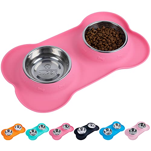 Super Design Comedero Doble Perro con cuenos INOX Comedero Gato Doble con Base de Silicona en Forma de Hueso
