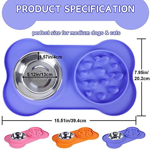 Super Design Cuencos Dobles para Perros, de Acero Inoxidable para Alimentos y Agua, con Bandeja de Silicona Antideslizante antidesbordamiento y Alfombrilla para Cachorros
