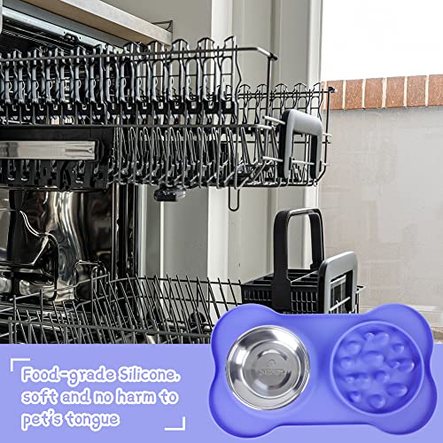 Super Design Cuencos Dobles para Perros, de Acero Inoxidable para Alimentos y Agua, con Bandeja de Silicona Antideslizante antidesbordamiento y Alfombrilla para Cachorros