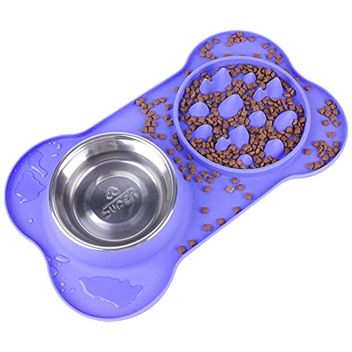 Super Design Cuencos Dobles para Perros, de Acero Inoxidable para Alimentos y Agua, con Bandeja de Silicona Antideslizante antidesbordamiento y Alfombrilla para Cachorros