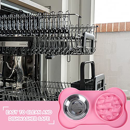 SUPERDESIGN - Alimentador lento doble para perros y gatos, alimentador de agua y alimentos, cuenco de acero inoxidable con alfombrilla de silicona sin derrames para mascotas