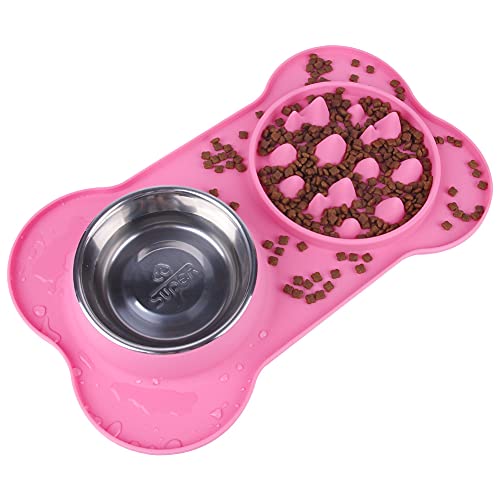 SUPERDESIGN - Alimentador lento doble para perros y gatos, alimentador de agua y alimentos, cuenco de acero inoxidable con alfombrilla de silicona sin derrames para mascotas