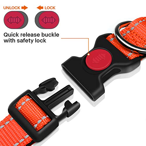 Taglory Collar Perro, Collar Nylon Reflectante Neopreno Forrado Ajustable para Perros Medianos, Naranja