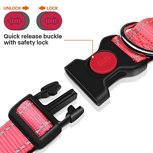 Taglory Collar Perro, Collar Nylon Reflectante Neopreno Forrado Ajustable para Perros Pequeños, Rosa