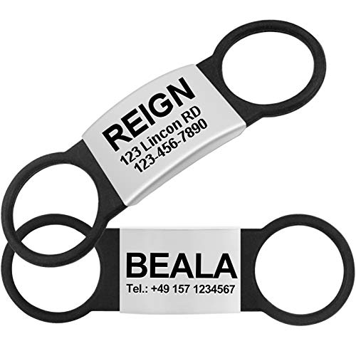TagME 2 Paquete Etiquetas de Identificación de Acero Inoxidable Para Perros y Gatos / Placa de Identificación Silenciosa Grabada con Nombre y Número de Teléfono, Negro, M