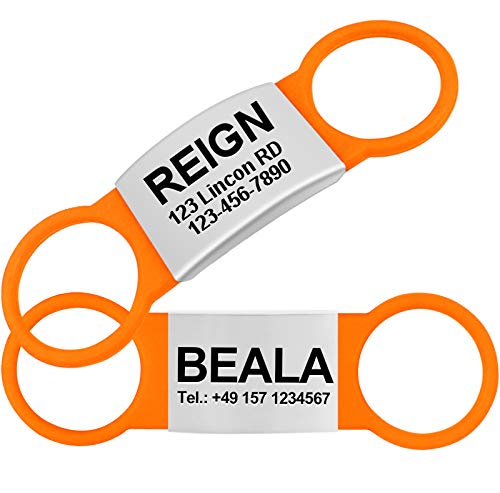 TagME 2 Paquete Etiquetas de Identificación de Acero Inoxidable Para Perros y Gatos / Placa de Identificación Silenciosa Grabada con Nombre y Número de Teléfono, Naranja, S