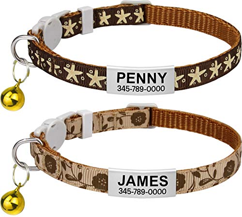 TagME Collar de Gato Personalizado, con Placa de Identificación Personalizable y Hebilla de Liberación Rápida, Collar de Gato Ajustable, Apto para Gatos y Cachorros, Dos Piezas, Marrón