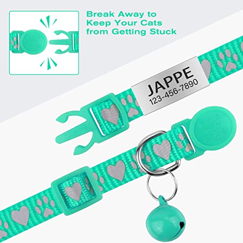 TagME Collar de Gato Personalizado de 2 Piezas, Collares de Gatito Reflectantes con Campanas y Hebilla Segura de liberación rápida, para Cachorro Gato, Turquesa