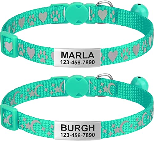 TagME Collar de Gato Personalizado de 2 Piezas, Collares de Gatito Reflectantes con Campanas y Hebilla Segura de liberación rápida, para Cachorro Gato, Turquesa