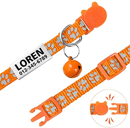 TagME Collar de Gato Personalizado, Reflectante Collares para Gatos con Cascabeles y Hebilla Seguro de Liberación Rápida, 2 Piezas, Naranja