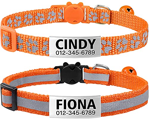 TagME Collar de Gato Personalizado, Reflectante Collares para Gatos con Cascabeles y Hebilla Seguro de Liberación Rápida, 2 Piezas, Naranja