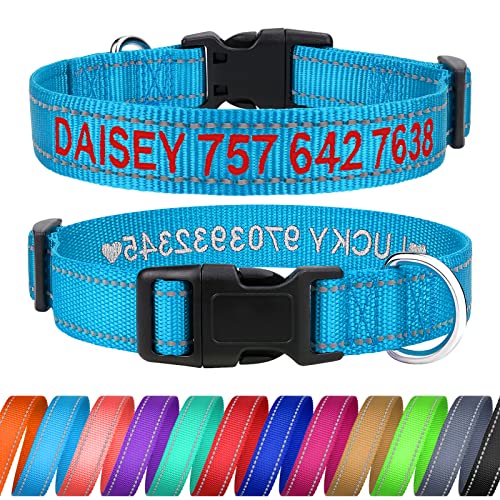 TagME Personalizado Mediano Collar Perro, Bordado Nombre y Número De Teléfono Reflectante Collar Perros, Azul Cielo M