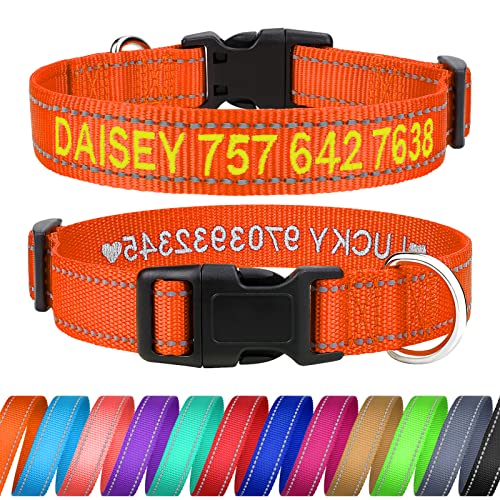 TagME Personalizado Pequeño Collar Perro, Bordado Nombre y Número De Teléfono Reflectante Collar Perros, Naranja XS