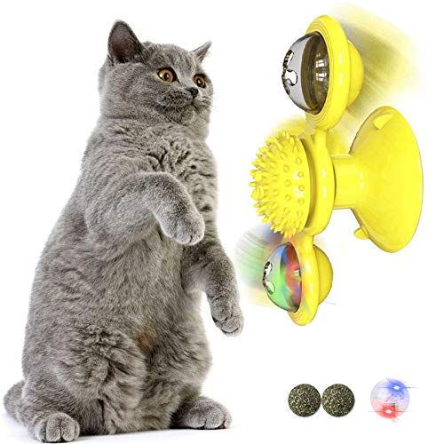 TaimeiMao Juguetes interactivos para Gatos, Juguete Placa Giratoria para Gato,Juguete de Masaje para Gatos, Juguete para Masticar con Pelota,Menta de Gato,Bola Intermitente LED Plato Giratorio
