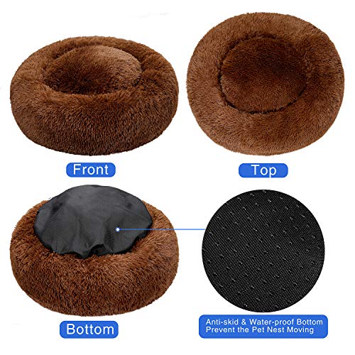 TAMOWA Cama Perro Suave Cama Gato Redonda, Camas de Gatos Perros de Donut con Parte Inferior Antideslizante, Cómodo Suave y Cálida Cama para Mascotas Gatos y Perros Pequeños, 70cm, Marrón