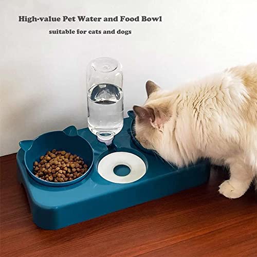 Tazón para Mascotas, Automático Bebedero Comida Platos 3 en 1, Comedero Bebedero para Gato y Perro, Cuenco para Perros Inclinado 8°, 2 Cuencos para Separar Alimentos Secos Húmedos y Bebedero (Azul)