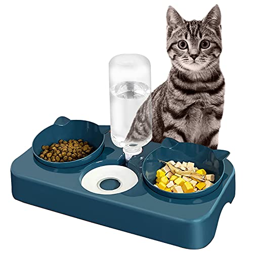 Tazón para Mascotas, Automático Bebedero Comida Platos 3 en 1, Comedero Bebedero para Gato y Perro, Cuenco para Perros Inclinado 8°, 2 Cuencos para Separar Alimentos Secos Húmedos y Bebedero (Azul)