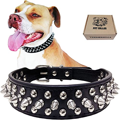 TEEMERRYCA Collar de Cuero con Pinchos para Perros pequeños, medianos y Grandes (Black-S)
